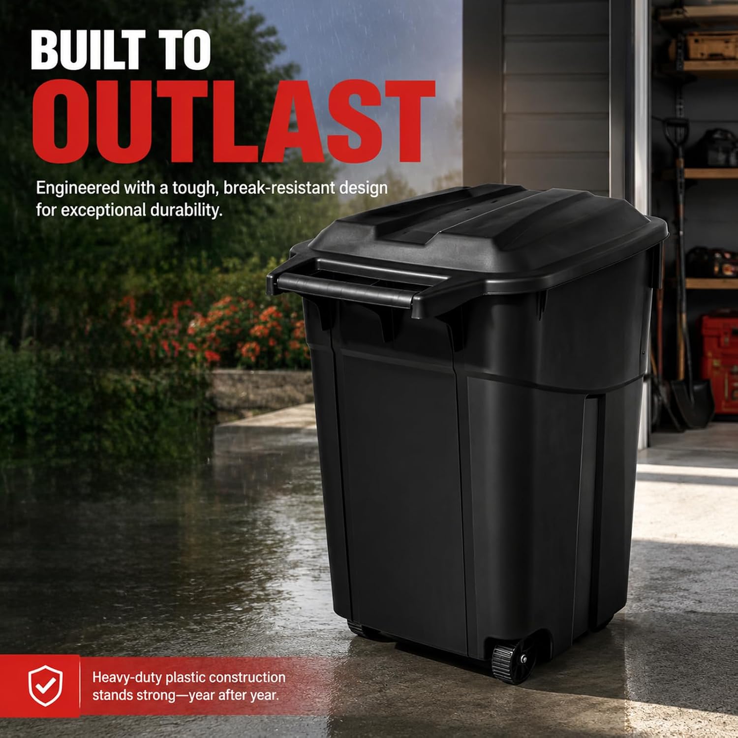 32 Gallon Outdoor Trash Can with Lid - Heavy Duty Garbage Bins with 2 Rugged Wheels,Wheeled Heavy Duty Plastic