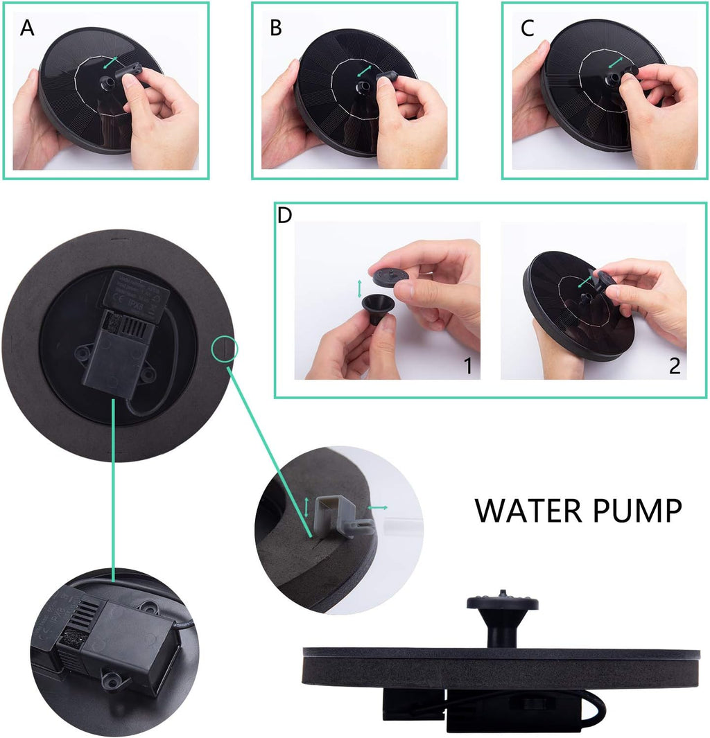 Solar Fountain Pump 1.5W Upgraded Submersible Solar Water Fountain Panel Kit for Bird Bath,Small Pond,Garden and Lawn