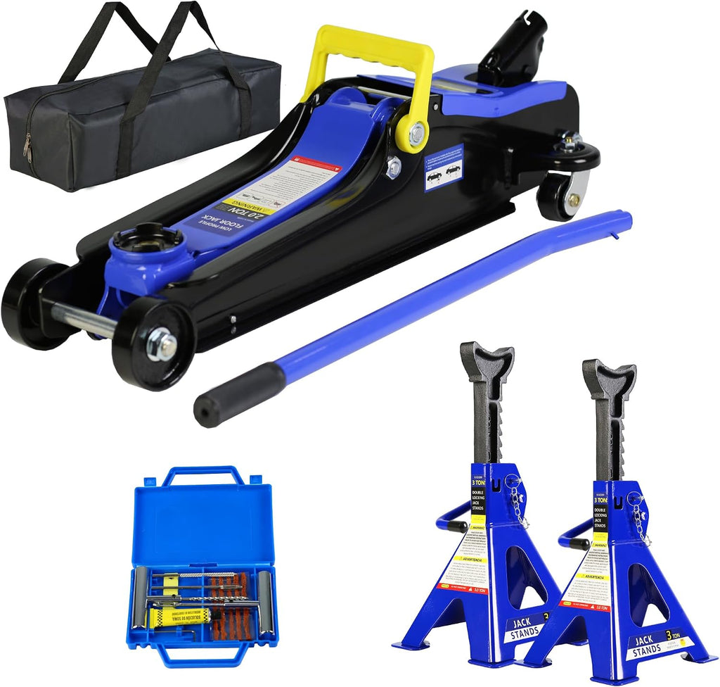 Floor Jack, 2 Ton Low Profile Floor Jack, 3t Jack Stand Tire Repair Kit Heavy Duty Steel Racing with Single Piston