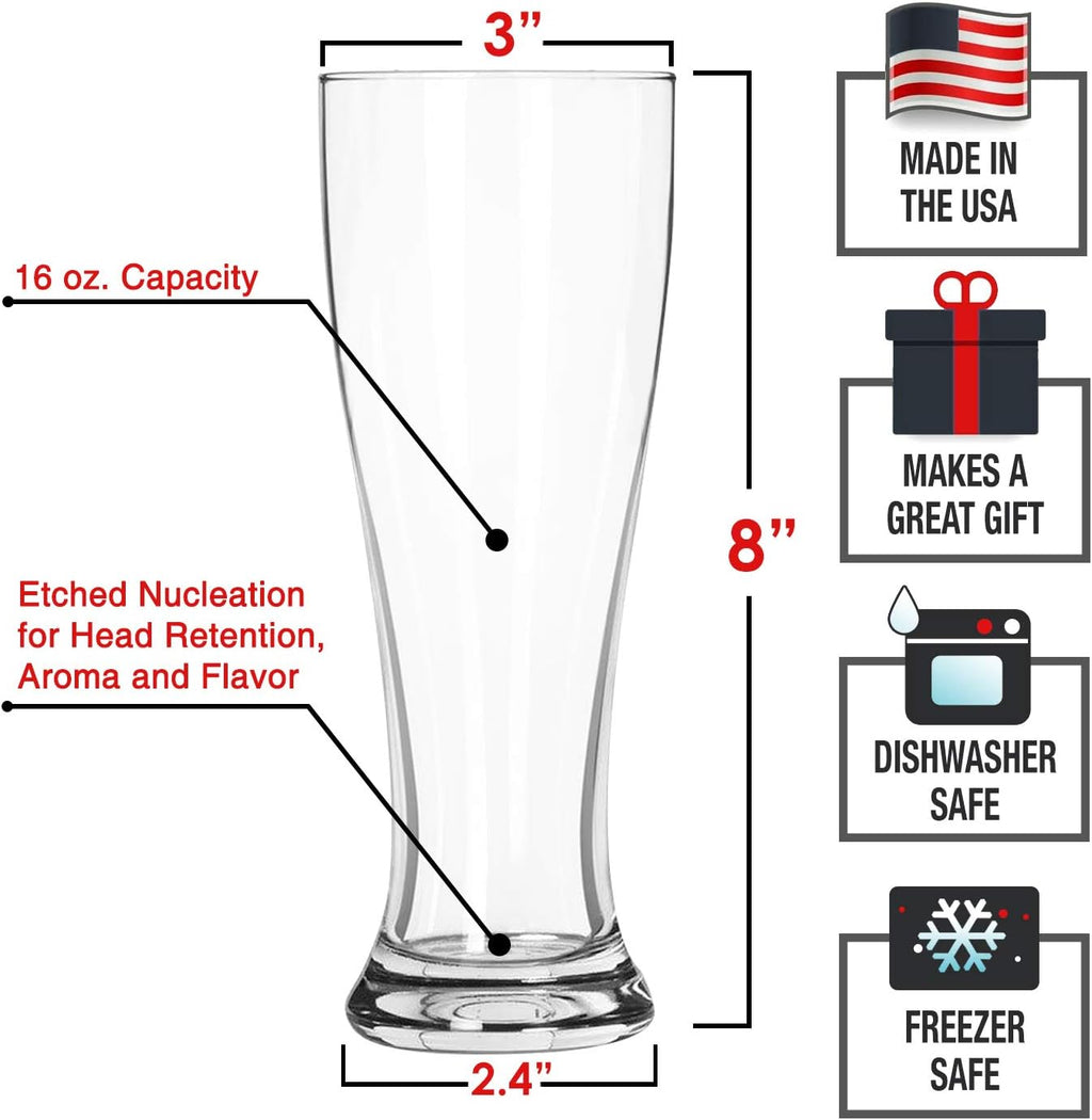 USA Made Nucleated Pilsner Glasses- Etched Beer Glass for Better Head Retention, Aroma and Flavor - 16 oz Craft Beer