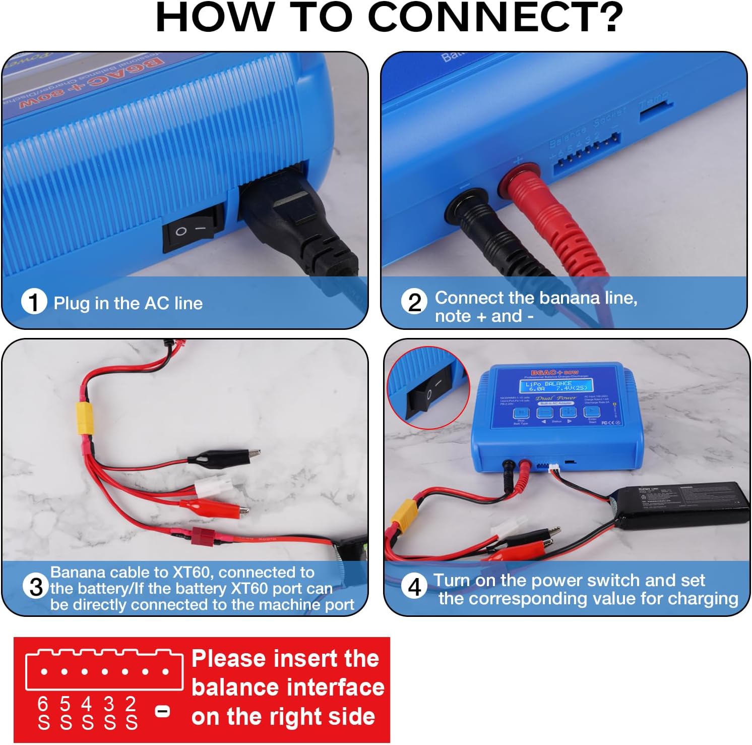 LiPo Charger 80W 6A Fast Balance Battery Chargers for RC Car Boat Drone | Smart Digital Battery Pack Charger