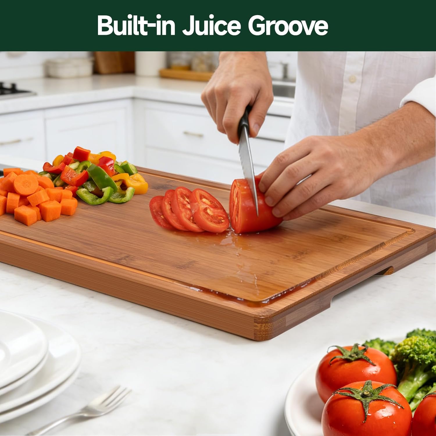3-Piece Set Bamboo Cutting Board for Kitchen - Crack-Resistant Wood Chopping Boards with Deep Juice Grooves