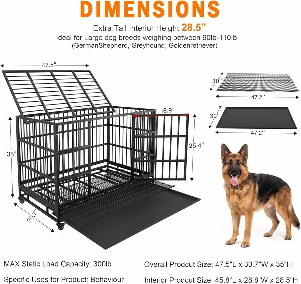 48 Inch Heavy Duty Dog Crate Cage with Wheels, Indestructible and Escape Proof Steel Kennel Indoor for High Anxiety