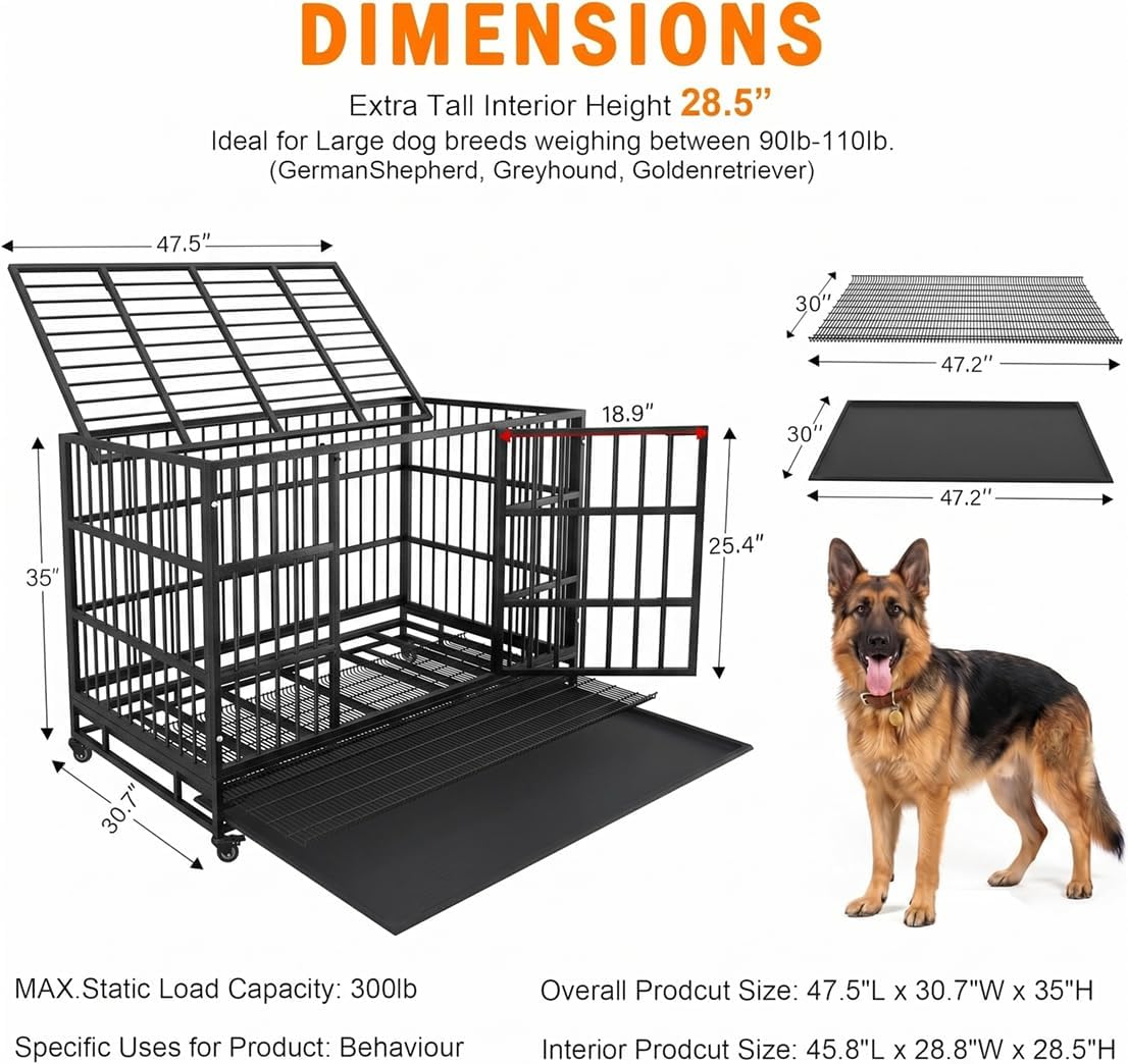 48 Inch Heavy Duty Dog Crate Cage with Wheels, Indestructible and Escape Proof Steel Kennel Indoor for High Anxiety