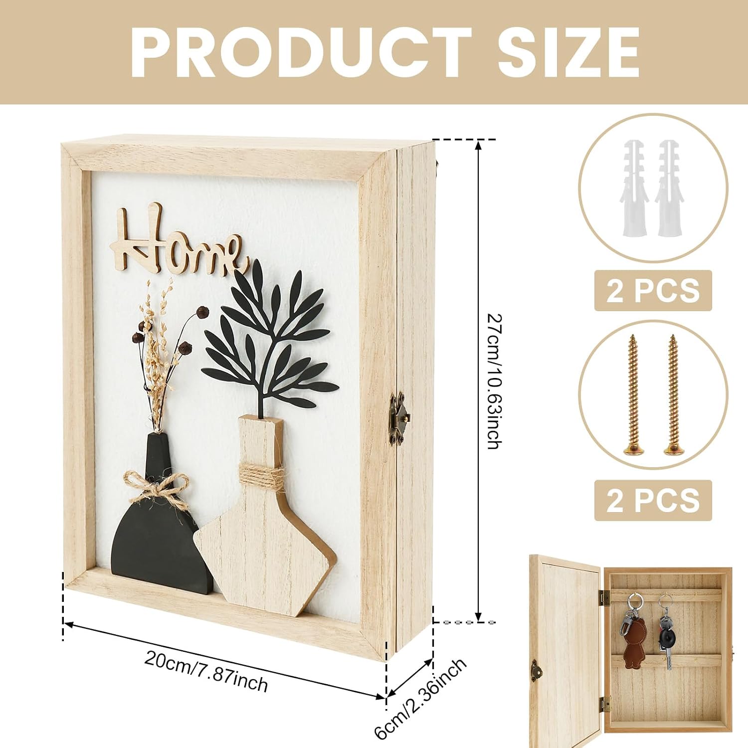 Wooden Key Box, Key Holder Wall Mount Decorative Wooden Key Cabinet Holder with 6 Hooks Rustic Access Card Hanger