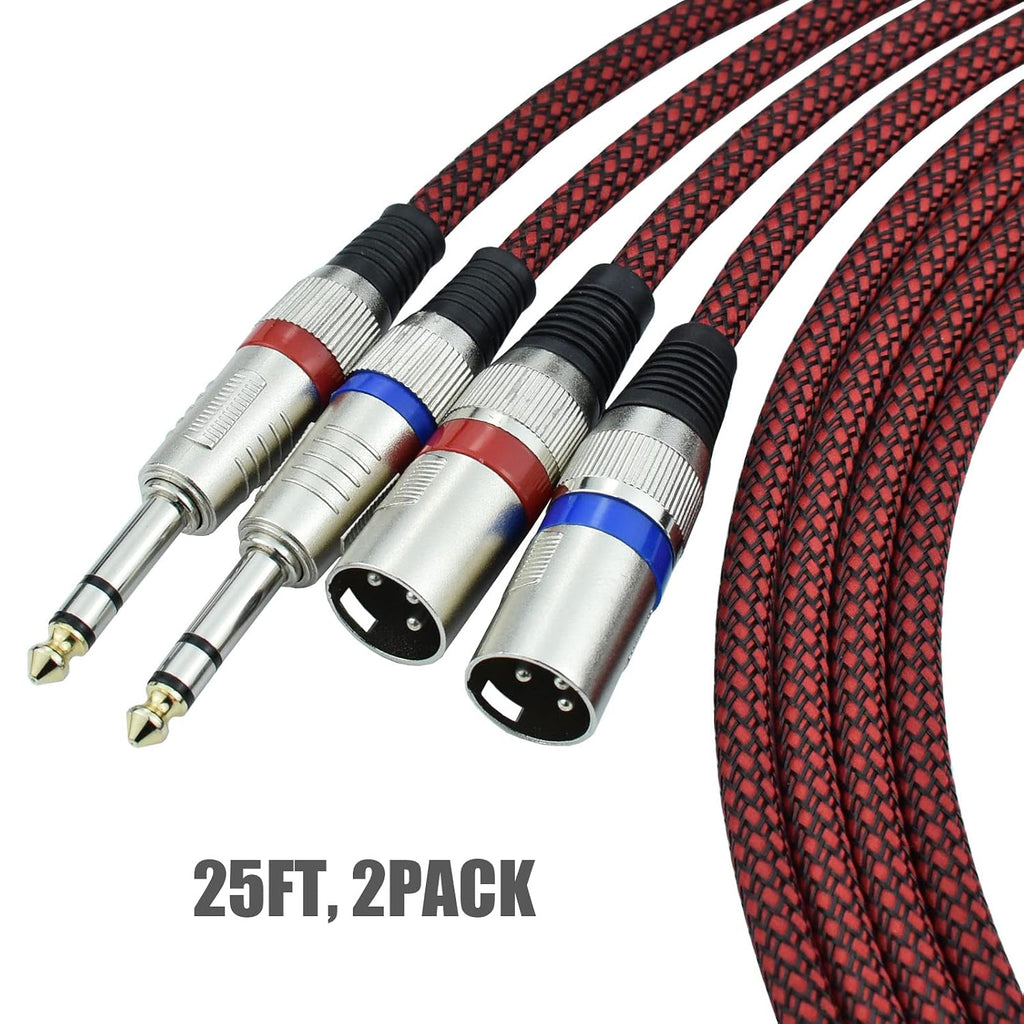 XLR Male to 1/4" TRS Cable Balanced - 25FT Quarter Inch Stereo to XLR Microphone Cord Adapter, Nylon Braided, OFC