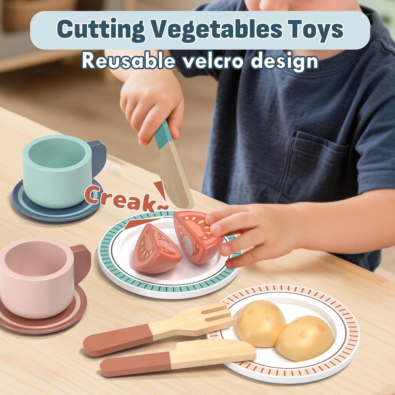 Wooden Play Kitchen Accessories, Play Food for Toddlers 1-3, Toys Pots and Pans for Kids Cooking Set, Pretend Play