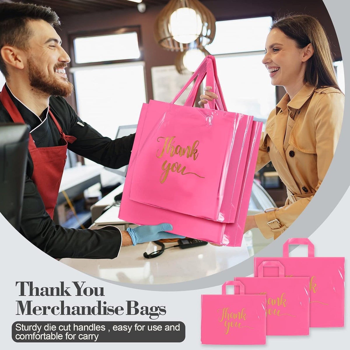 200 Pcs Thank You Shopping Bags with Handle,Pink