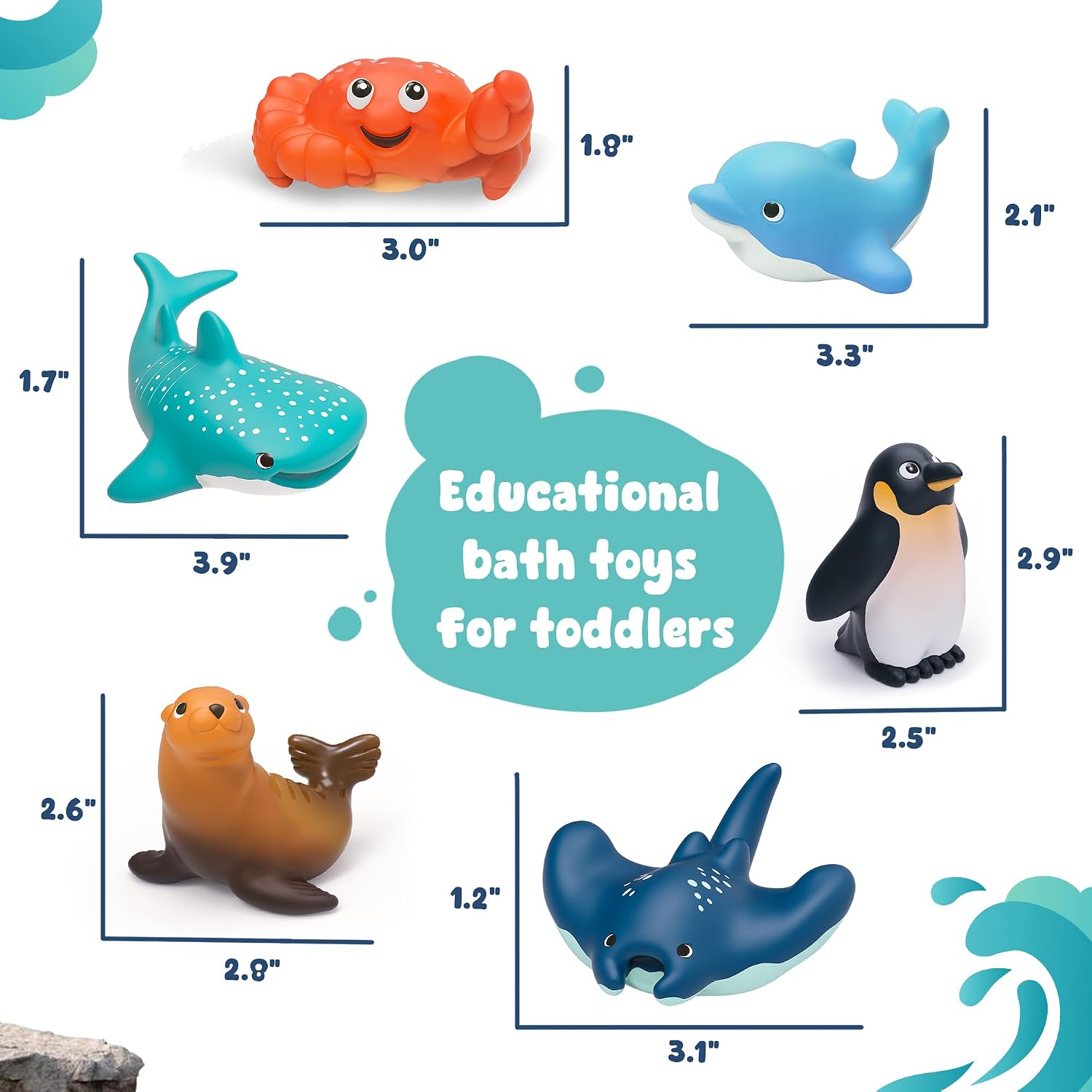 6-Pcs Ocean Animal Bath Toys for Toddlers 6M+, No Hole Mold Free Bathtub Toys, Whale Shark Dolphin Penguin Sea Animal
