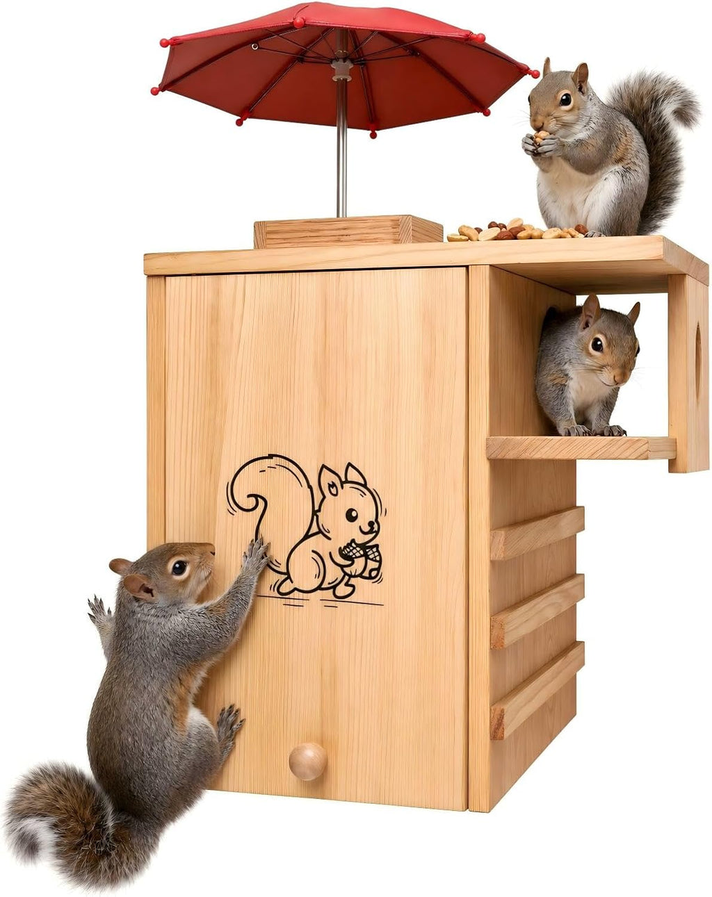 Large Wooden Squirrel House Outdoor，Nest Box with Feeder & Predator Guard