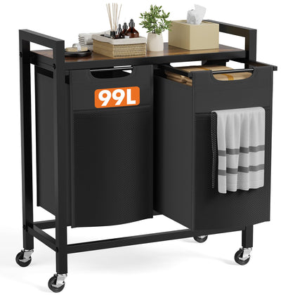 Laundry Hamper with 2 Pull-Out Removable Sorter Bags, Movable Wheels, Freestanding Clothes Basket Organizer in