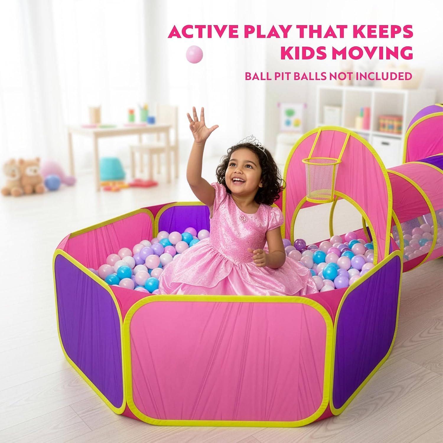 5pc Kids' Play Tents & Tunnels - Ball Pit for Toddlers, Basketball Hoop, Crawling Tubes, Pop-Up Playhouses, Baby