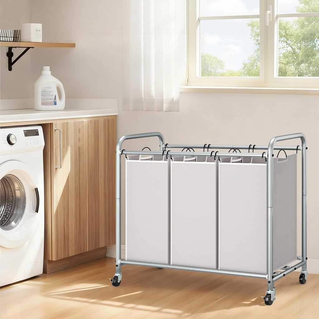 3 Section Laundry Sorter, 35.6 Gal (135 L) Laundry Hamper Cart with Heavy Duty Rolling Lockable Wheels and Removable