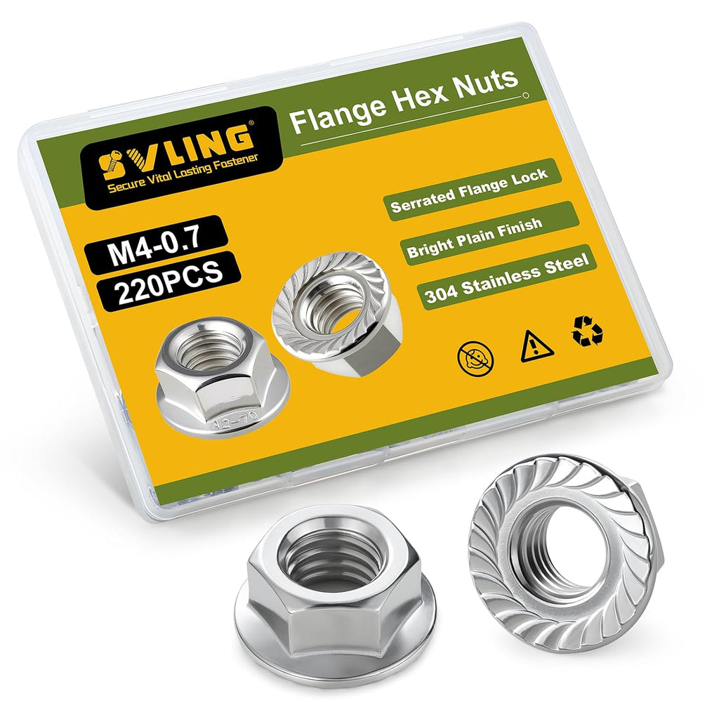 M4 Flange Nuts 220Pcs, Metric M4-0.7mm Serrated Flange Hex Nuts 304 Stainless Steel 18-8, Bright Plain Finish