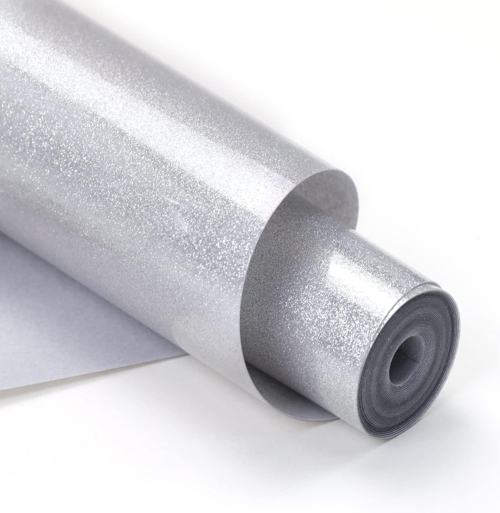 Glitter HTV, 12" x 10ft Silver Glitter HTV Heat Transfer Vinyl | Silver Glitter Iron on Vinyl for Shirts, Silver