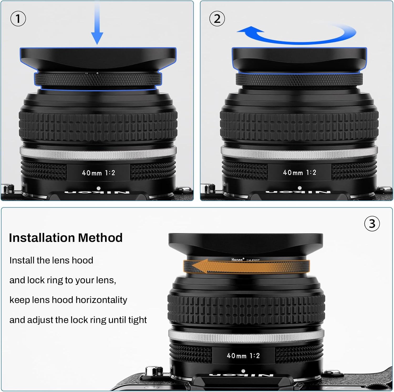 LH-E52T 52mm Square Metal Screw-in Lens Hood with Cap for 52mm Canon Nikon Sony Leica Voigtlander Nikkor Panasonic