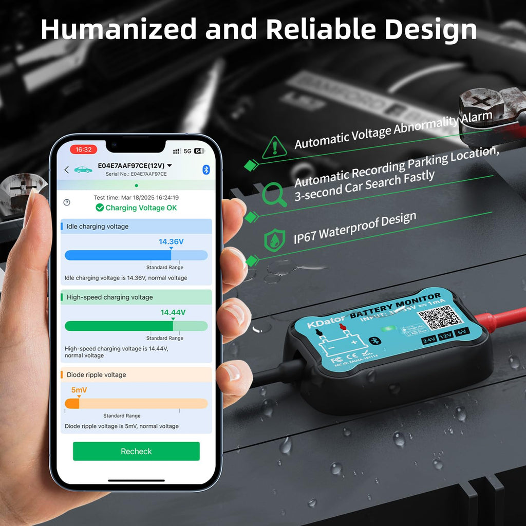 24V 12V 6V Bluetooth Battery Monitor BM7–Work for All Lead-Acid & Lithium Battery with Charging, Cranking System Test