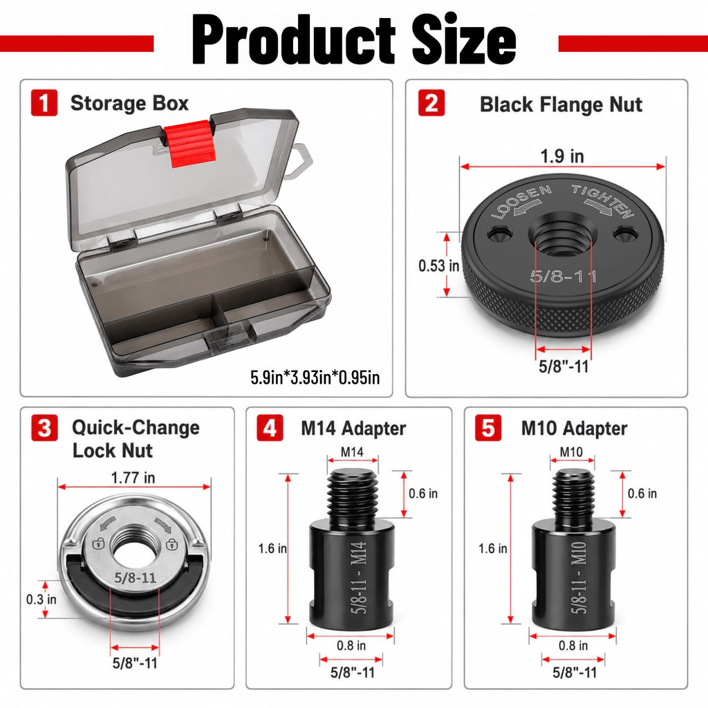 SUOWEEI 7PCS 5/8"-11 Angle Grinder Flange Nut Kit with M10/M14 Adapters