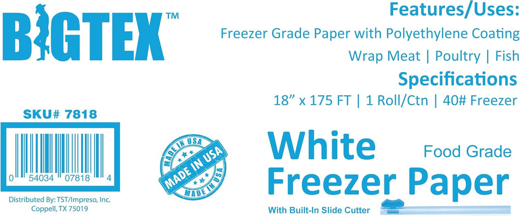 White Freezer Paper 18 inch x 175 feet, 2” Core, 1 Roll, 40lb. Big Tex by ALLIANCE – Food Grade Paper W/Side Cutter