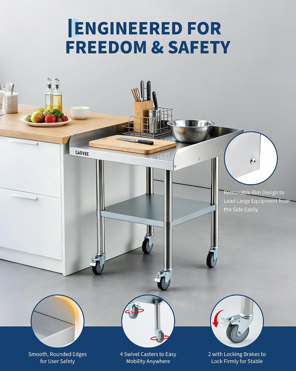 30" x 36" Thickened 1mm Stainless Steel Equipment Stand with Detachable Splashes, Prep Table with Casters &