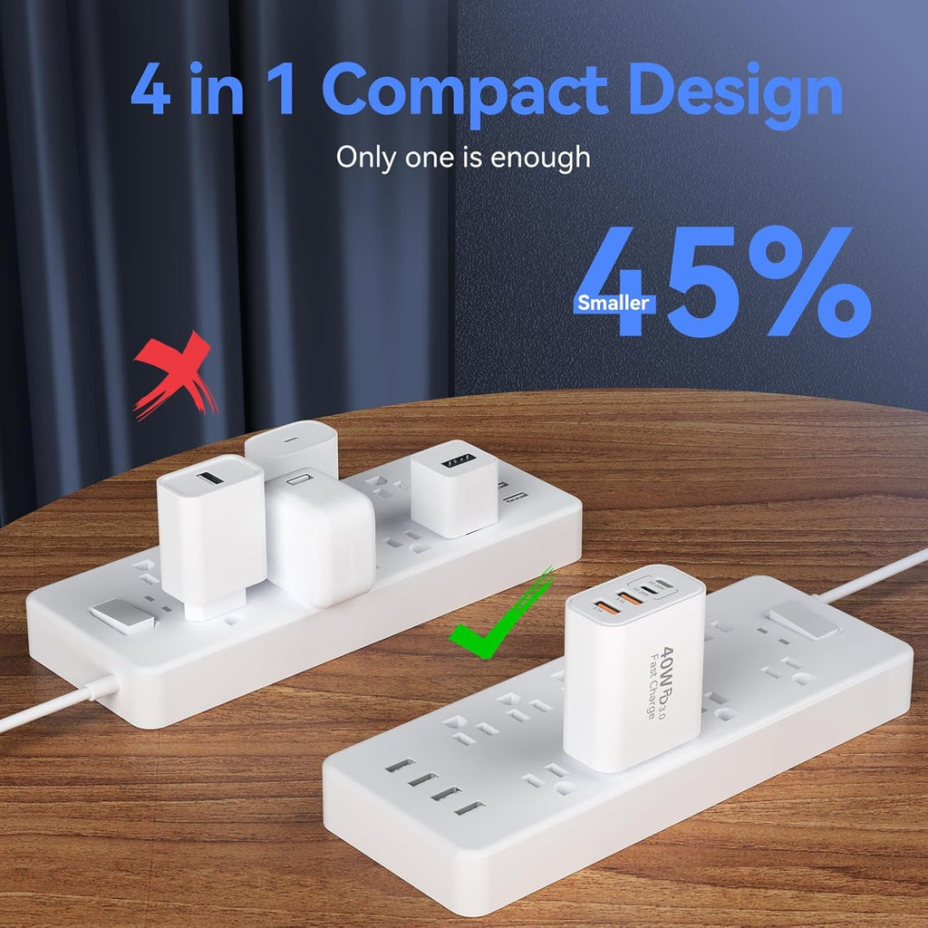 USB C Wall Fast Charger Block, 40W 4-Port Type C Charger Fast Charging Blocks PD Power Charger Adapter+QC 3.0 USB
