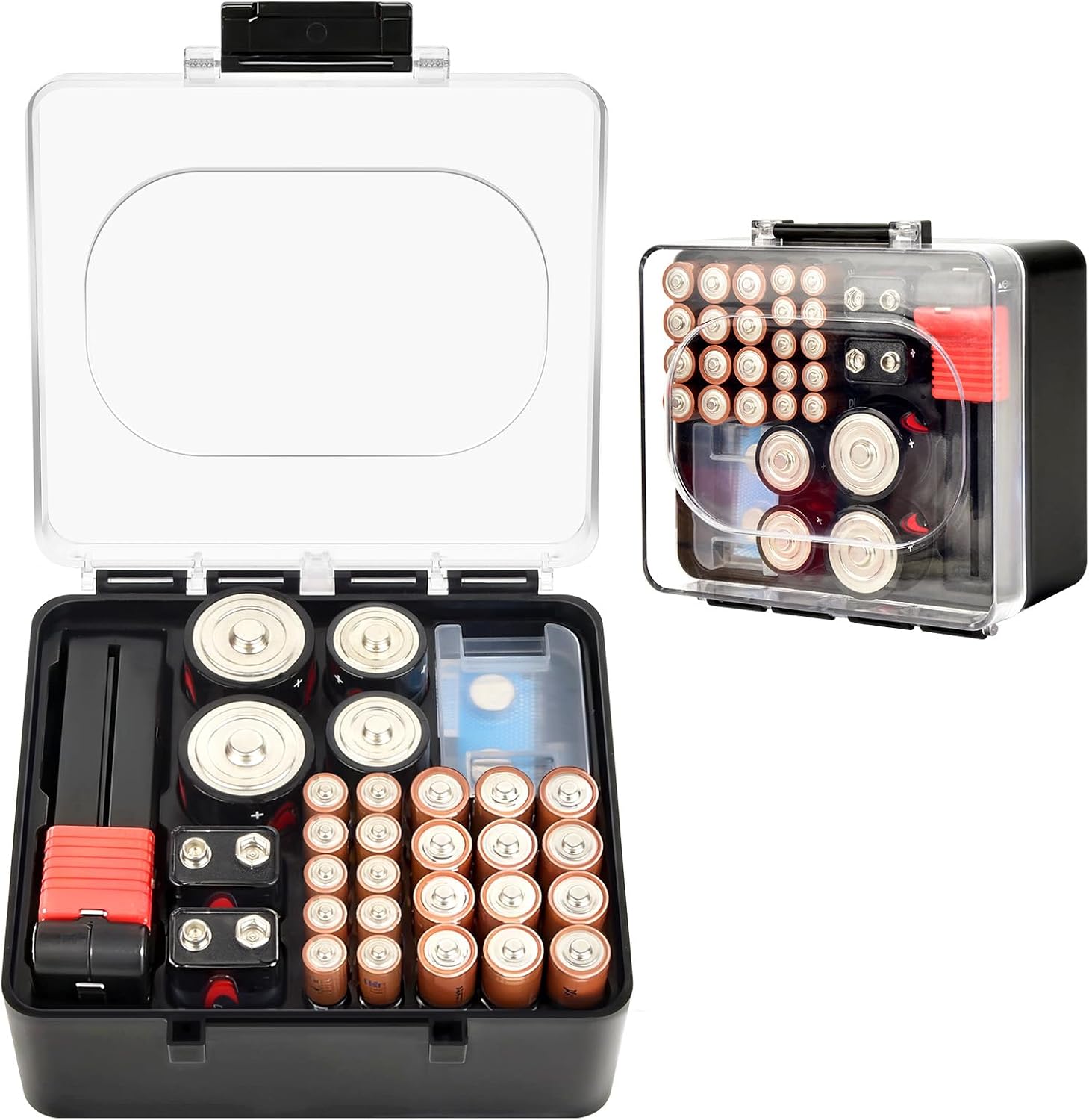 Battery Organizer Storage Case with Tester for AA AAA C D 9V | Clear lid and fitted slots separate mixed sizes;