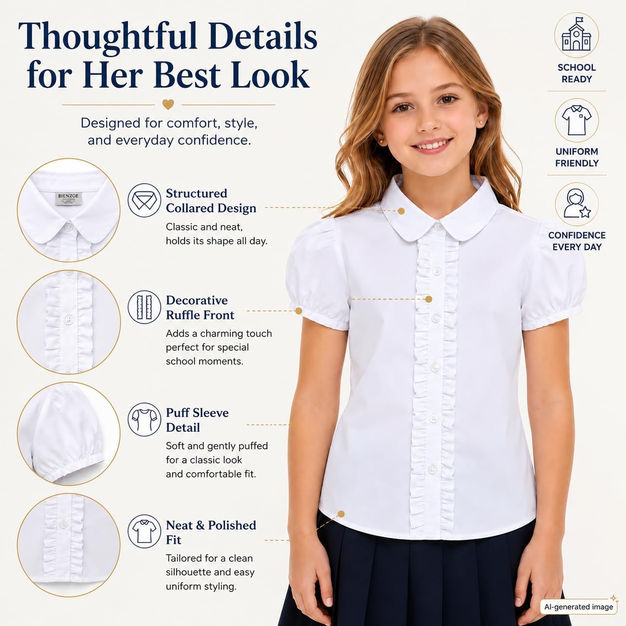 Girls School Uniform Blouse: Ruffle Front Puff Short Sleeve | Cotton Fabric, Button Closure, Solid White, Ages 6-13