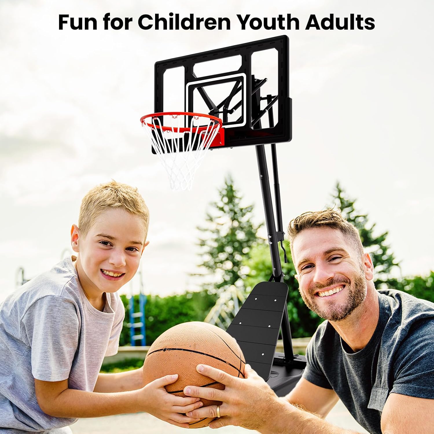Basketball Hoop, 40&44&48IN Backboard with Portable Wheels | 10FT Hand-Crank Adjustable Basketball Goal System