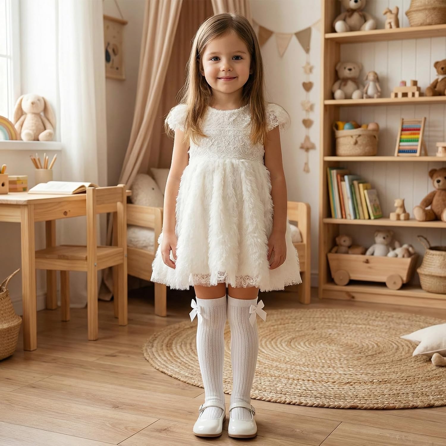 4 Pairs Bow Girls Knee High Socks, Soft Cute Long Socks for Girls Over Calf Stockings School Uniform Dress Sock