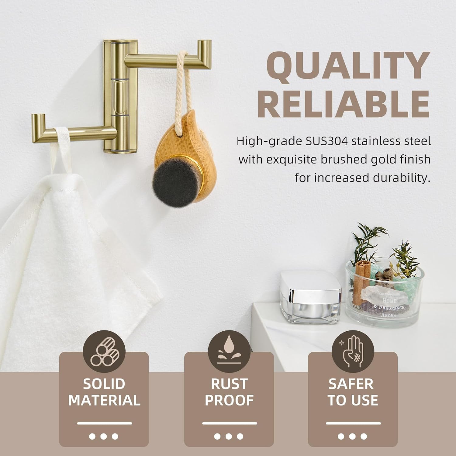 Towel Hook 3 Arms, Swivel Coat Wall Hook, Brushed Gold | Solid SUS304 Stainless Steel, Foldable Robe Towel Holder for