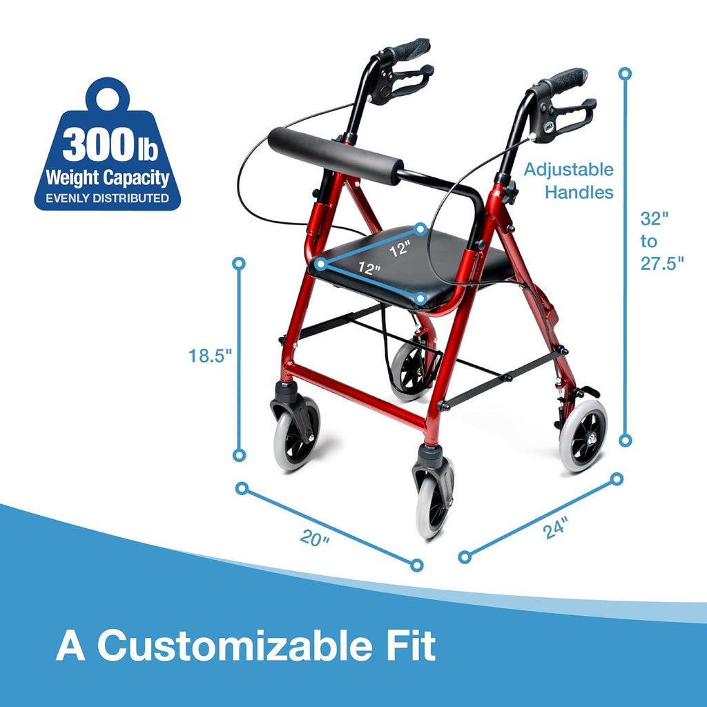 Lumex Walkabout Junior Rollator - Narrow Rolling Walker with Seat for Seniors & Small Spaces