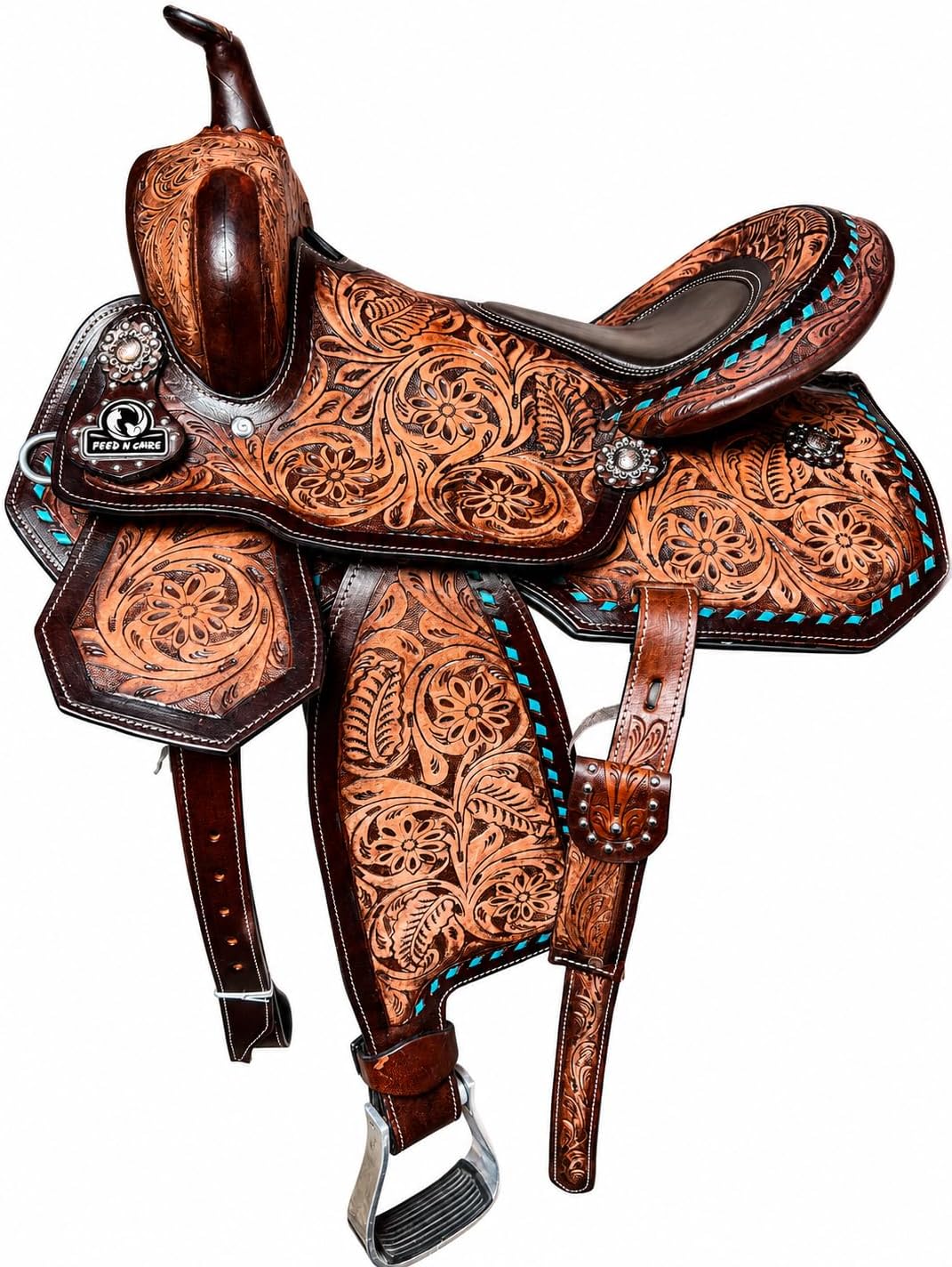 Western Leather Horse Saddle with Turquoise Floral Tooling & Tack Set