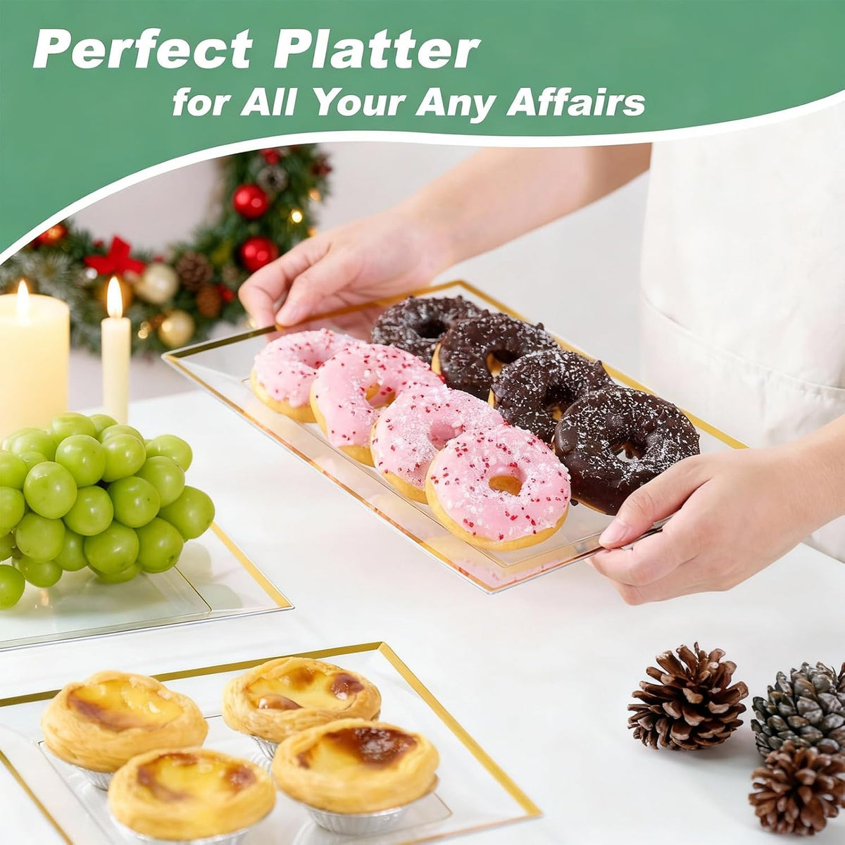 8 PCS Plastic Serving Trays for Party, Clear Gold Rim Platters