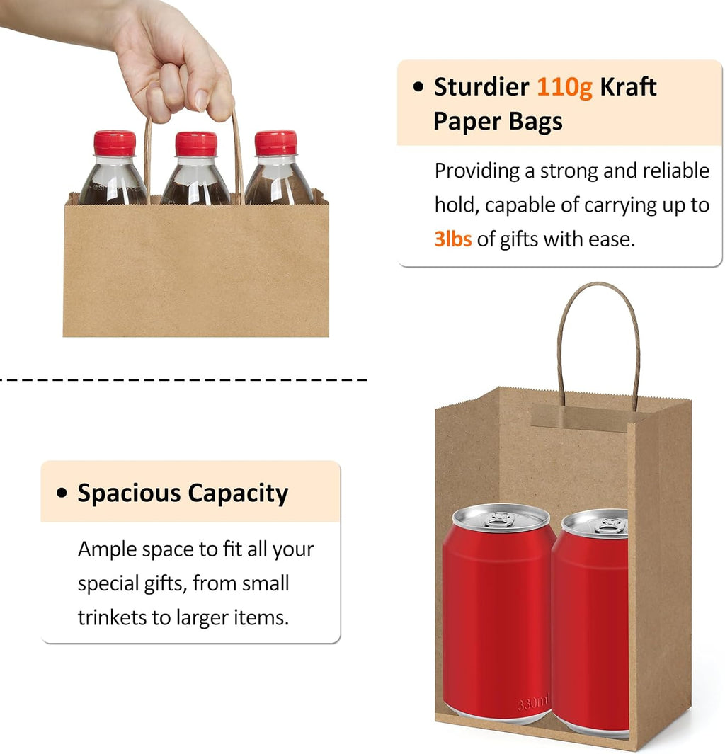 Gift Bags with Handles 5.25x3x8 Inch Brown 50 Pack Bulk