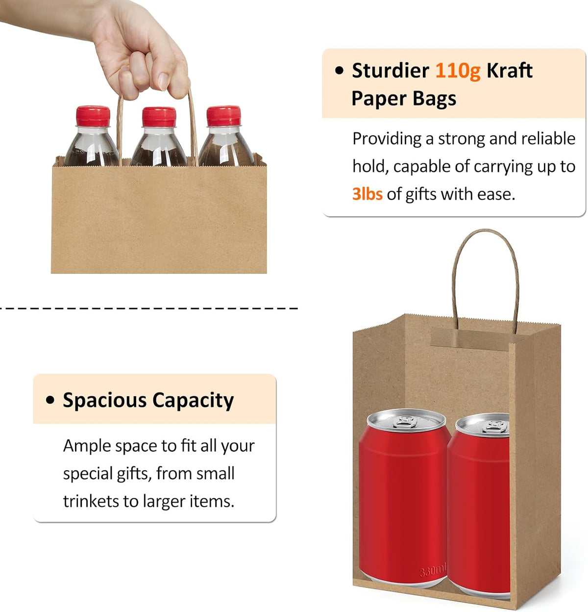 Gift Bags with Handles 5.25x3x8 Inch Brown 50 Pack Bulk