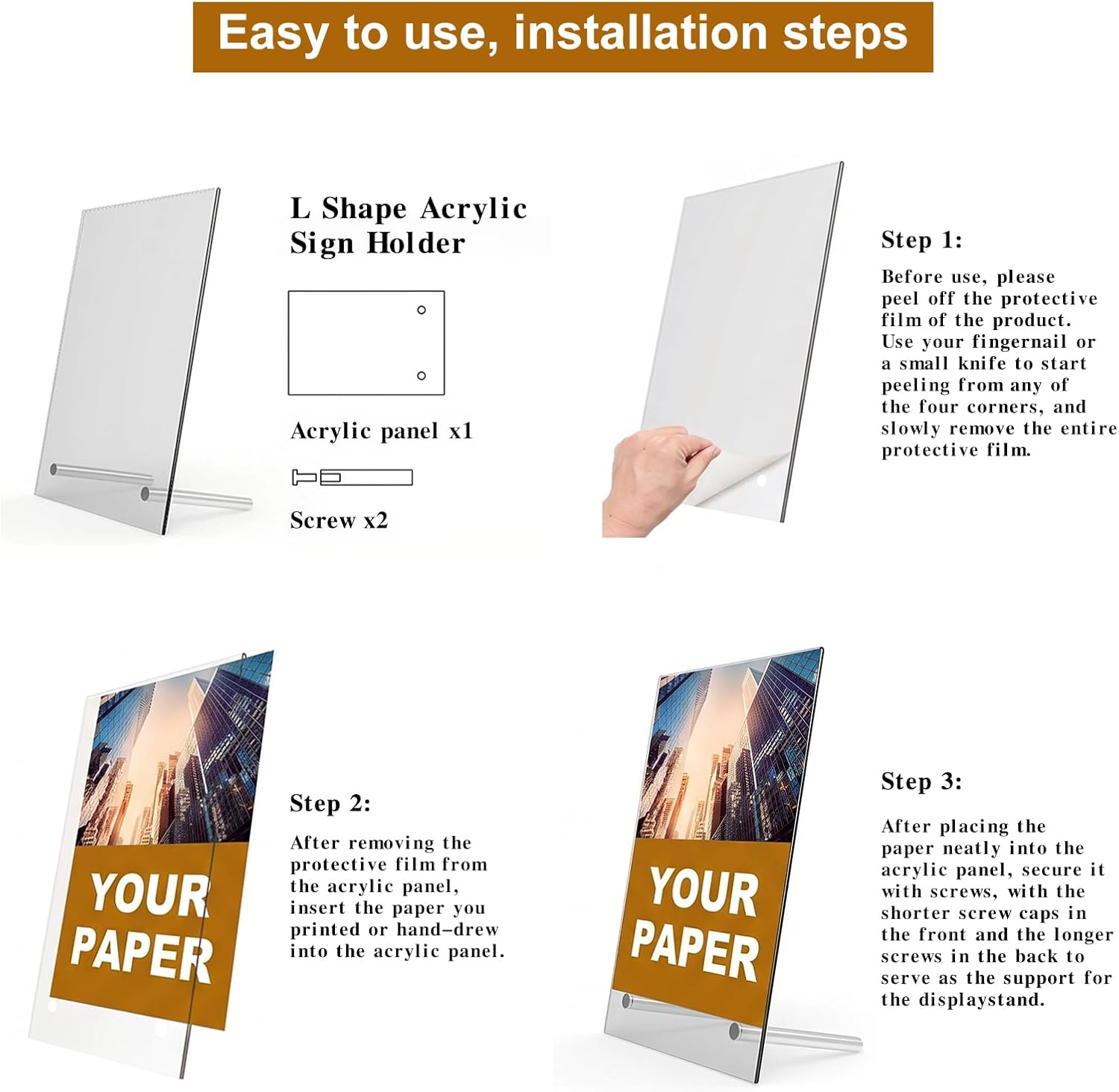8.5×11 Acrylic Sign Holder,1Pack | Double-sided display,L-shaped design,Double-sided protective film,Versatile for