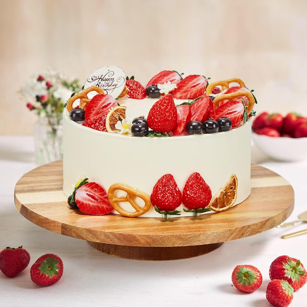12" Acacia Wood Revolving Cake Stand, 2" High Turntable for Cake