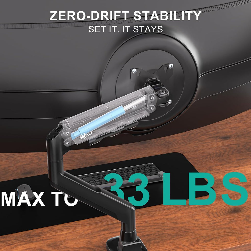 Heavy Duty Single Monitor Arm for 17-49 Inch Flat Curved Ultrawide Screens, up to 33 Lbs, Adjustable Single Monitor