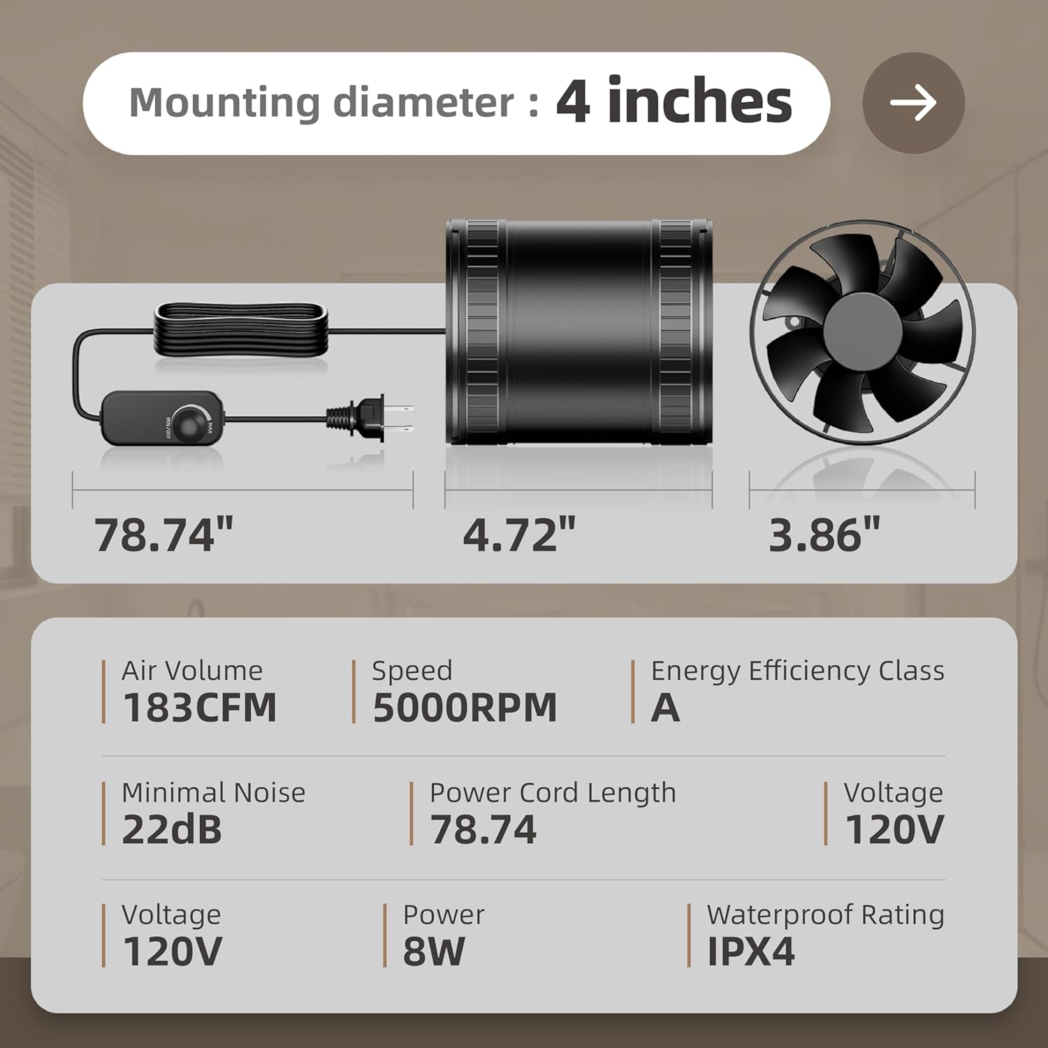 4 Inch Compact Inline Duct Fan Kit with Speed Controller, Quiet DC Motor Exhaust Fan for Grow Tent Ventilation