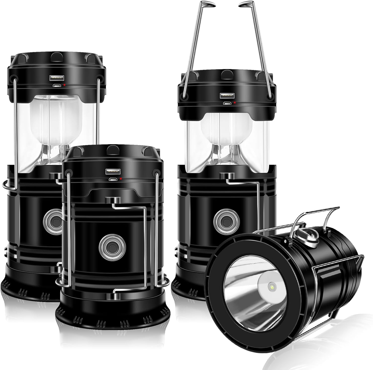 4-Pack Solar Camping Lantern, Collapsible LED Solar USB Rechargeable Lantern Flashlight Emergency Hanging Lights for