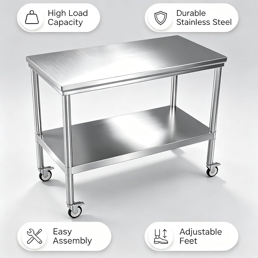 Stainless Steel Work Table with Wheels 24 x 48 Inches
