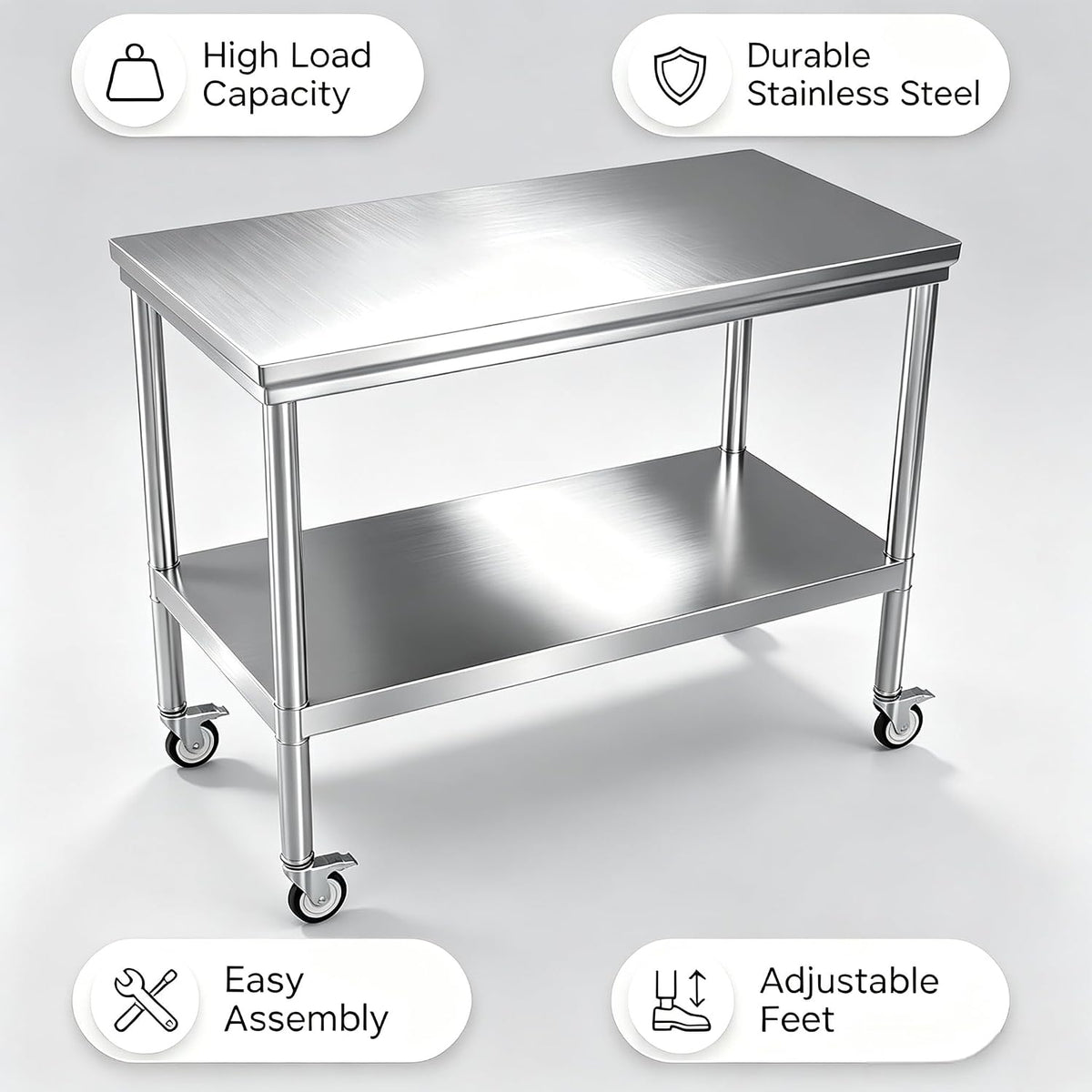 Stainless Steel Work Table with Wheels 24 x 48 Inches