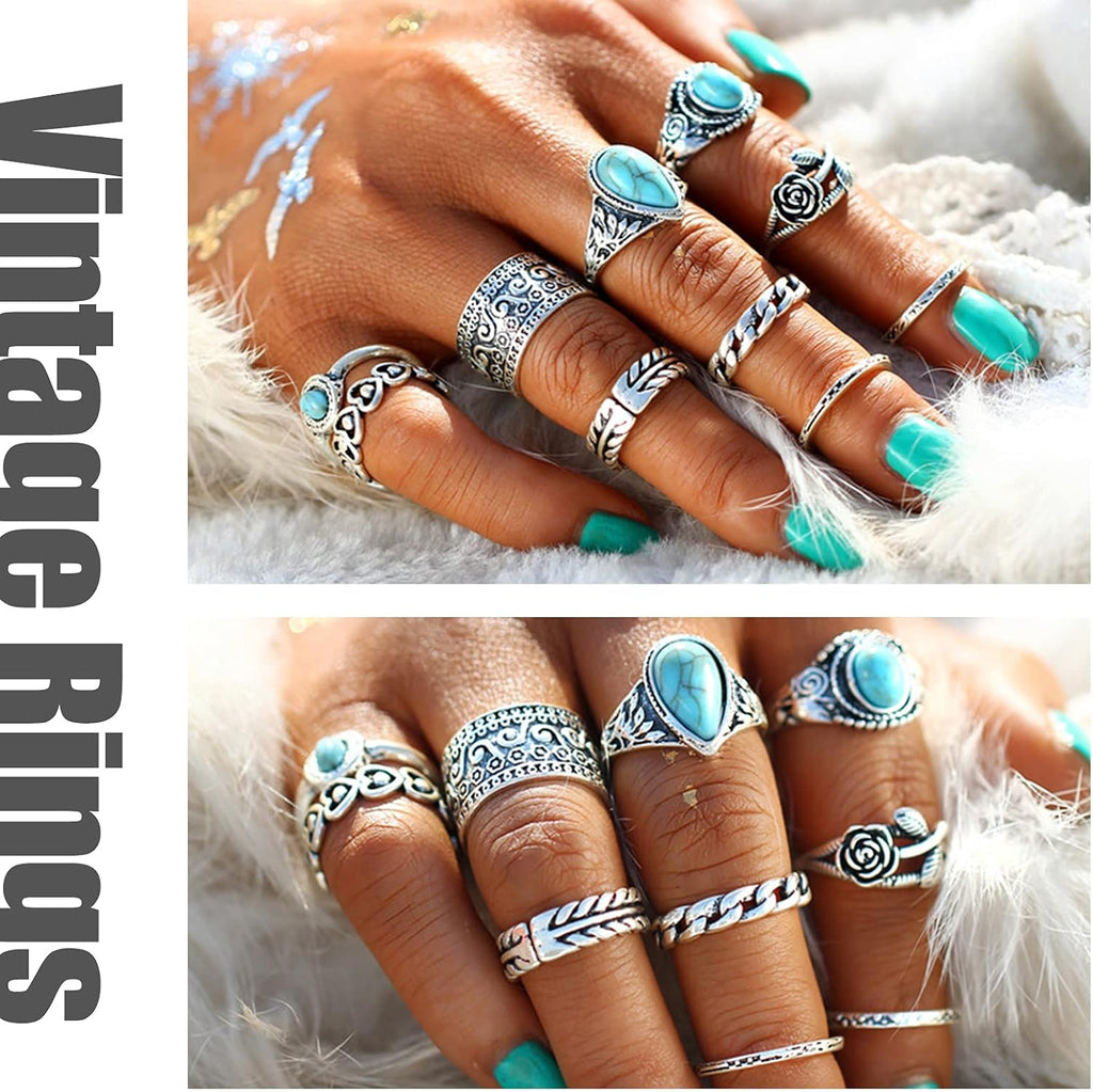 82 Pcs Vintage Silver Knuckle Rings Set for Women, Bohemian Stackable Joint Finger Rings, Retro Stone Crystal