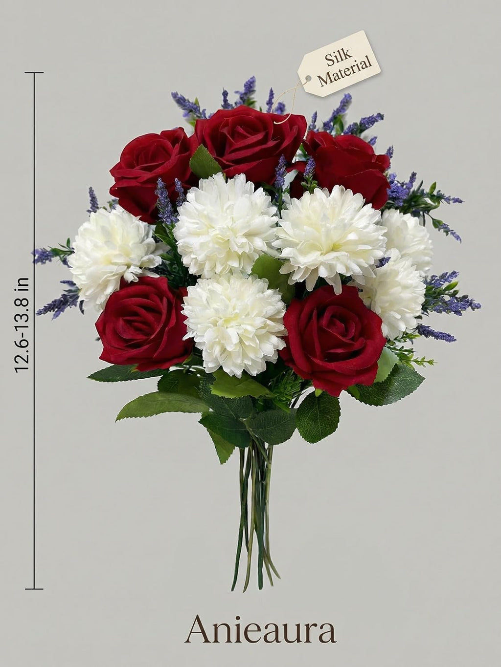 Artificial Spring Cemetery Flowers for Grave Vase - Red Roses & White Ball Chrysanthemums Bouquet, Silk Funeral
