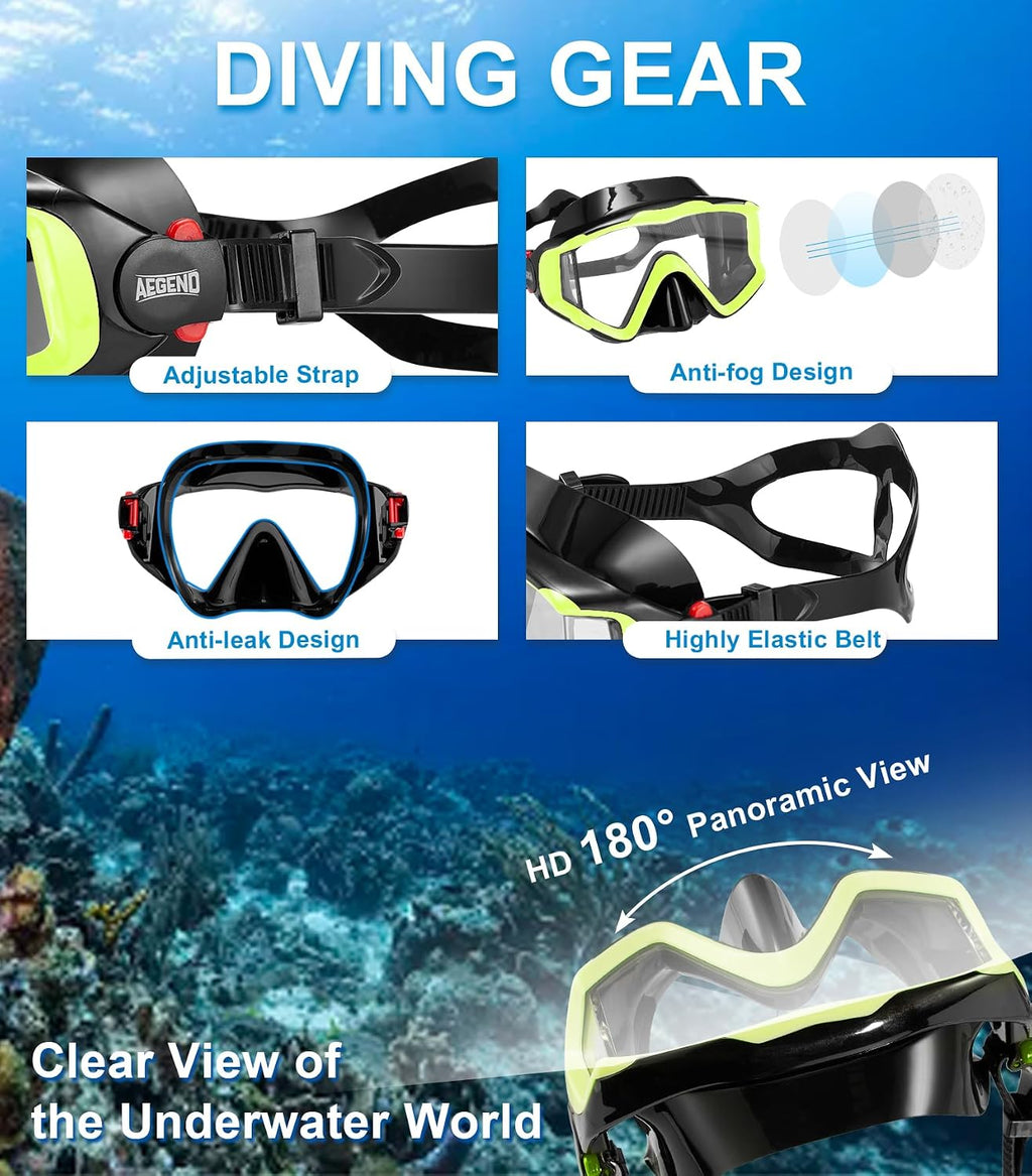 Snorkeling Gear for Adult Kid - Anti-Fog Mask with Top Dry Valve | Panoramic View Anti-Leak Snorkel Set with Travel
