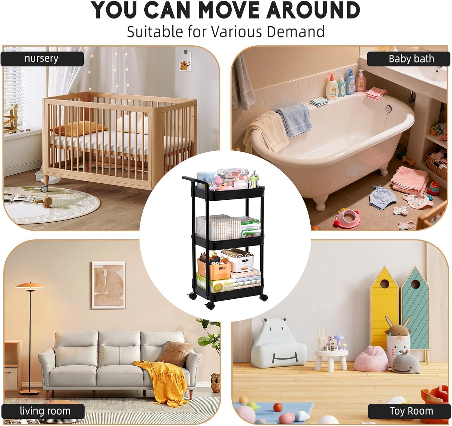 Diaper Caddy - Plastic Diaper Organizer for Nursery Essentials, Baby Organizers and Storage, Movable Cart for