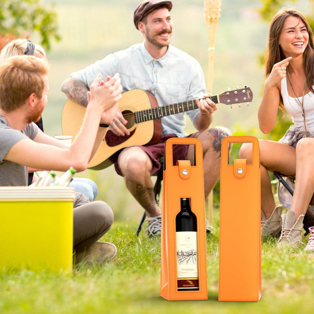 Orange Wine Gift Bag, Leather Wine Tote, Single Bottle Wine Carrier