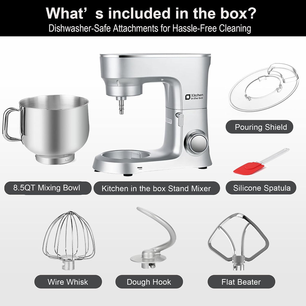 Stand Mixer 8.5 QT, 900 Watt Heavy Dough Mixer Silver