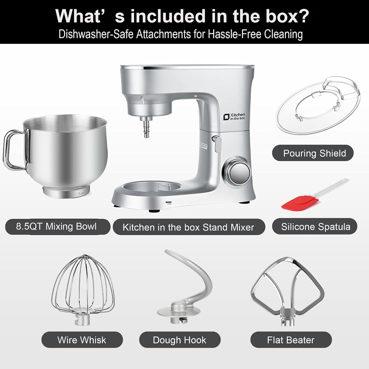 Stand Mixer 8.5 QT, 900 Watt Heavy Dough Mixer Silver