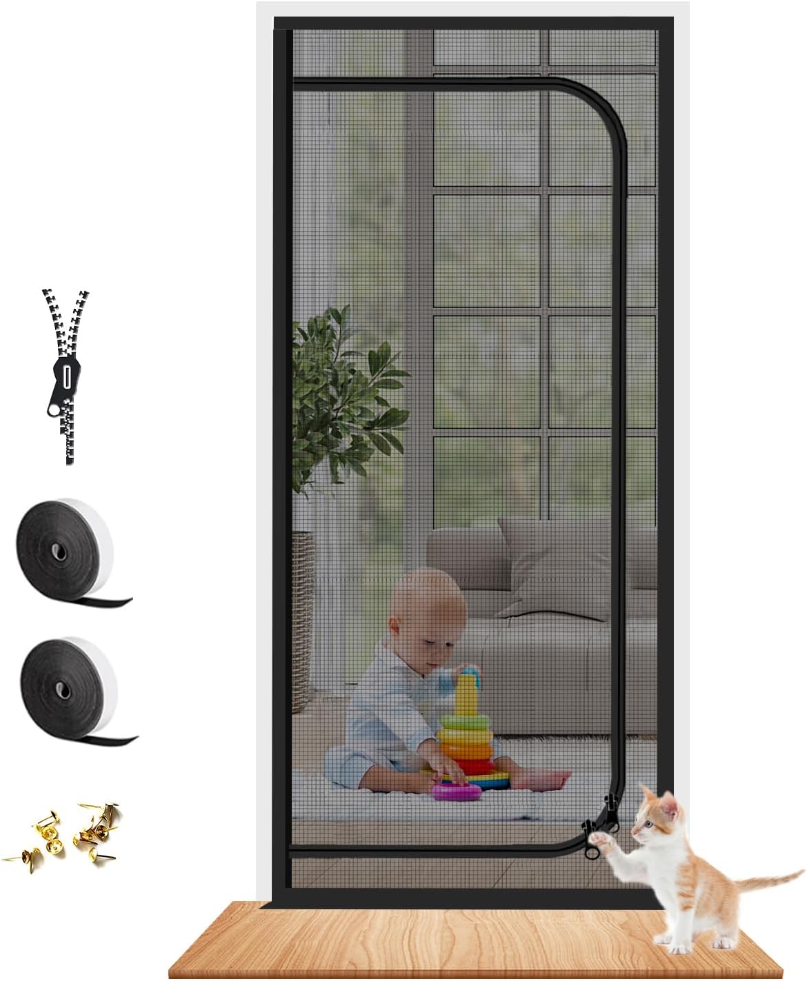 Upgraded Reinforced Cat Screen Door Fits Door Size 36''x 80'', Heavy Duty Pets Proof Screen with Zipper, Prevent Dogs